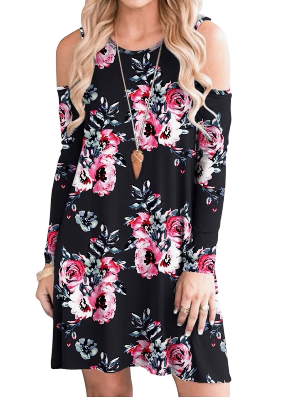 Floral Cold Shoulder Mini Dress Long Sleeve Jersey Knit Women’s Size Medium